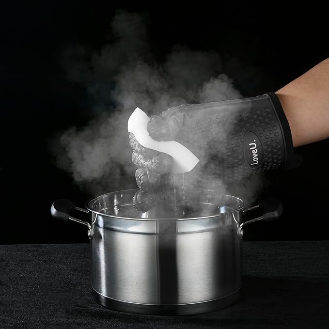 Kitchen Oven Gloves - Dual-Layer Heat Resistant Grilling Gloves, Silicone Oven Mitts with 5 Fingers, Waterproof Non-Slip Pot Holder for Barbecue, Cooking, Baking (Black)