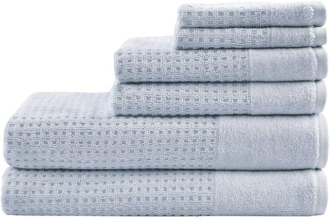 Madison Park Spa Waffle 100% Cotton Luxurious Towel Set, Premium Texture Waffle Weave, Highly Absorbent, Quick Dry, Hotel & Spa Quality Wash Clothes for Bathroom, Assorted Sizes, Blue 6 Piece