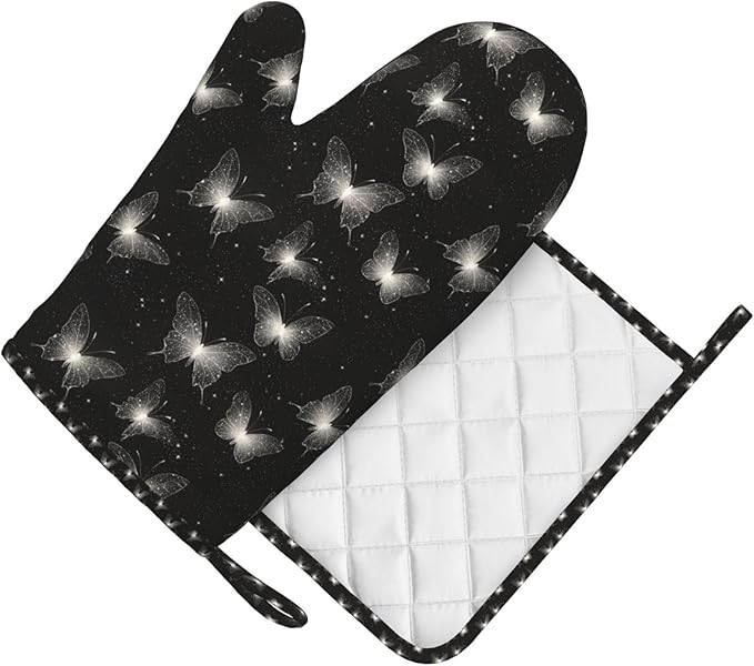 Oven Mitts and Pot Holders Black White Butterfly Silicone Kitchen Accessories Set of 2 Heat Resistant Long Gloves Potholder Non-Slip Grip for Chef Cooking,Baking,Grilling,BBQ