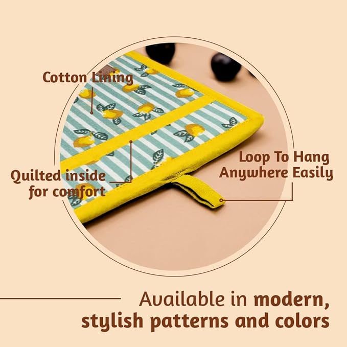 Folkulture Pot Holders for Kitchen | Pack of 2 (8x8) Ribbed Soft Silicone Hot Pads for Kitchen | 100% Cotton Cute Oven Pot Holders Set | Heat Resistant | Machine Washable | Non Slip | Lemon Party