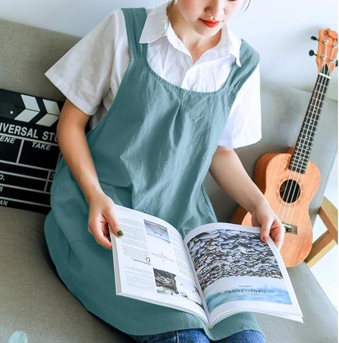 NEWGEM Japanese Cotton Linen Cross Back Cooking Apron for Women Men with Pockets Cute for Baking Kitchen