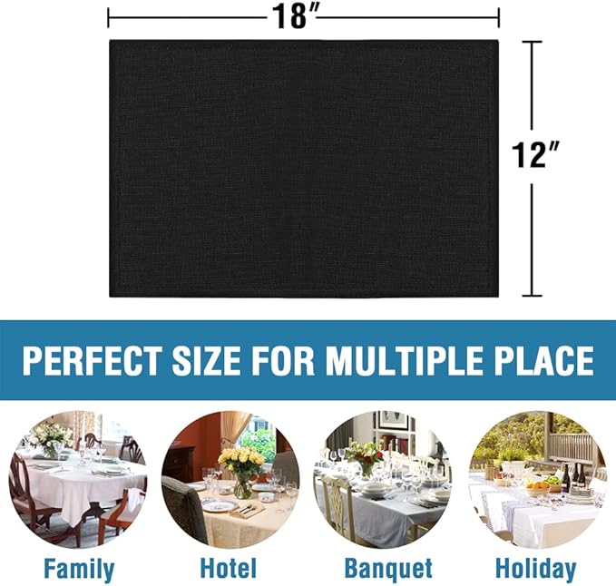 H.VERSAILTEX Linen Placemats Set of 8 Premium Solid Table Placemats for Dining Table Spill-Proof Waterproof Table Mats Heat-Resistant Kitchen Table Mats Washable, 12x18 inches, Black