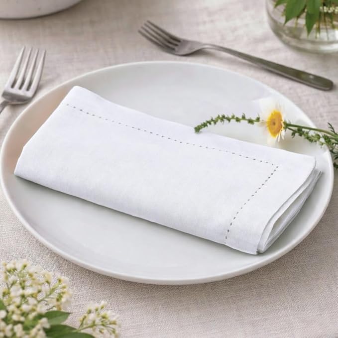 Palisa White Cotton Napkins Set of 4 | Premium Hemstitch Detailing Cloth Dinner Napkins 18x18 Inch | Soft Washable & Reusable Table Napkins for Everyday Use Weddings Parties Restaurants & Hotels