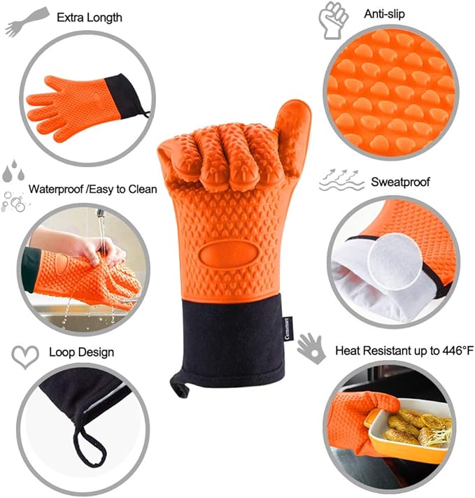 Comsmart BBQ Gloves, Heat Resistant Silicone Grilling Gloves, Long Waterproof BBQ Kitchen Oven Mitts with Inner Cotton Layer for Barbecue, Cooking, Baking, Smoker(Orange)