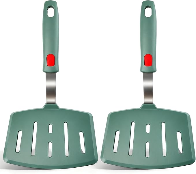 2 Pack Silicone Large Pancake Spatula Turner for Nonstick Cookware, Extra Wide Spatula for Cooking, Flexible Fish Turner, Slotted Spatulas for Eggs Omelette Flipping, Dishwasher Safe (2 Pack Green)