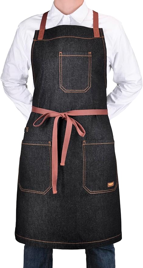 Cooking Apron with Pockets Mens Womens Professional Kitchen Bib Apron for Chef Grill BBQ (Black Denim with Cross Back Straps)