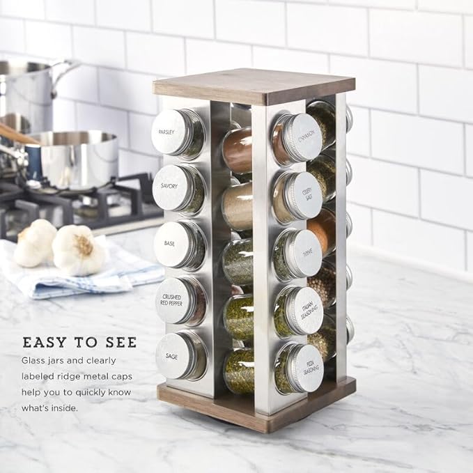 Kamenstein 20 Jar Vintage Spice Rack with Spices Included, Revolving Countertop Spice Organizer with Glass Jars, Labeled Caps, Removable Sifter Discs, and Free Refills for 5 Years