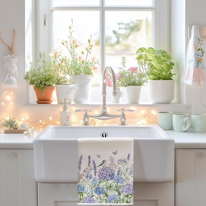 Purple Hydrangea Spring Kitchen Towels Set of 2,Bird Floral Dish Hand Towels Farmhouse Indoor Outdoor Holiday Seasonal Decorations DD089