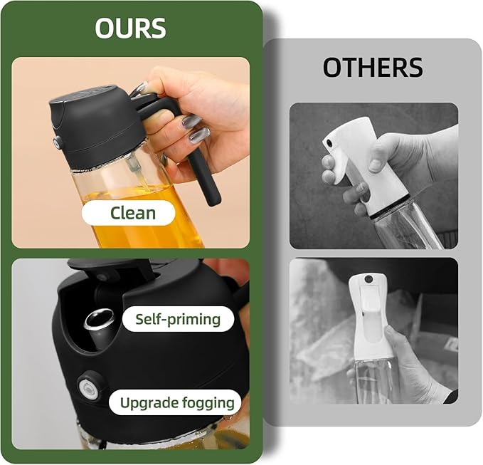 Aovdy Oil Sprayer for Cooking 16oz, 2 in 1 Olive Oil Dispenser and Oil Sprayer - 470ml Olive Bottle Spray and Pour - Glass Oil Dispenser for Kitchen Cooking Salad BBQ (2Pcs - White&Black)