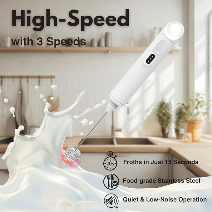 Rechargeable Milk Frother Handheld 3 Speed Coffee Foamer [3 Whisk] Electric Drink Mixer for Latte, Cappuccino, Coffee, Eggs, Hot Chocolate, White
