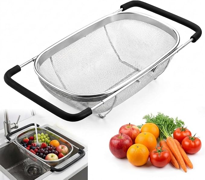 Over The Sink Colander, Fine Mesh Stainless Steel Strainers and Colanders, 6 Quarts Stainless Steel Oval Colander with Expandable Rubber Grip Handle, Steel Colander for Strain, Drain, Rinse