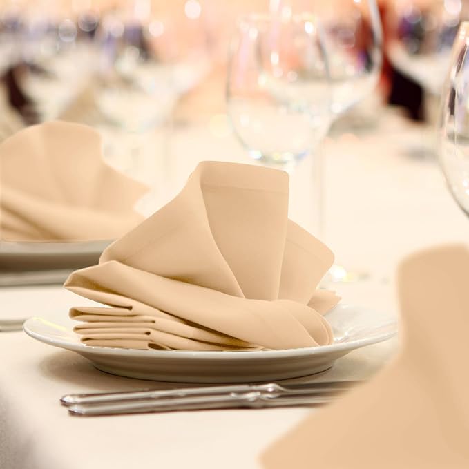 Avalon Kitchen Beige Cloth Napkins Bulk (Pack of 24) - 100% Polyester Dinner Linen Napkins Cloth Washable & Reusable - Durable with Hemmed Edges - Ideal for Parties and Weddings (17x17 Inches)