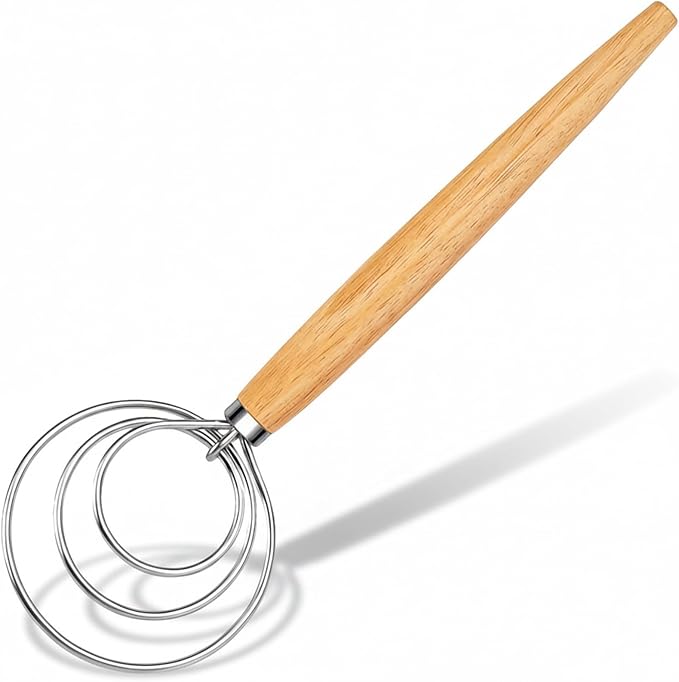 Maxjoy Danish Dough Whisk Wooden Dutch Bread Mixer with Stainless Steel Hook for Sourdough Baking Hand Tool