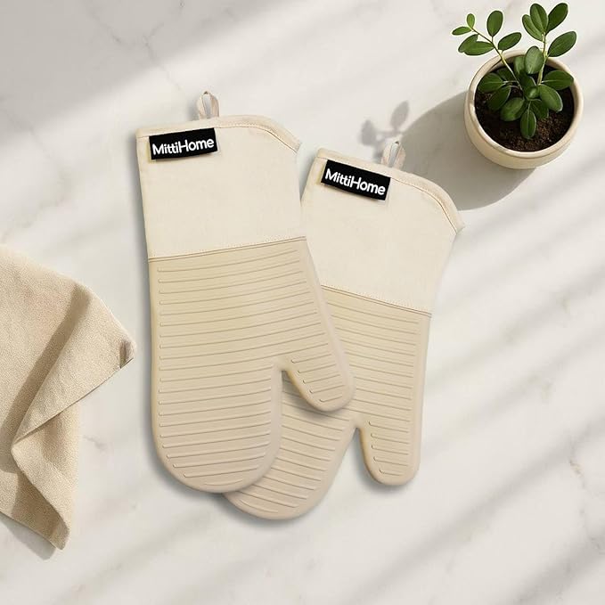 MittiHome™ Heat Resistant Oven Mitts (Set of 2) – 500°F Non-Slip Silicone Kitchen Gloves with Quilted Cotton Comfort (Milkshake Beige)