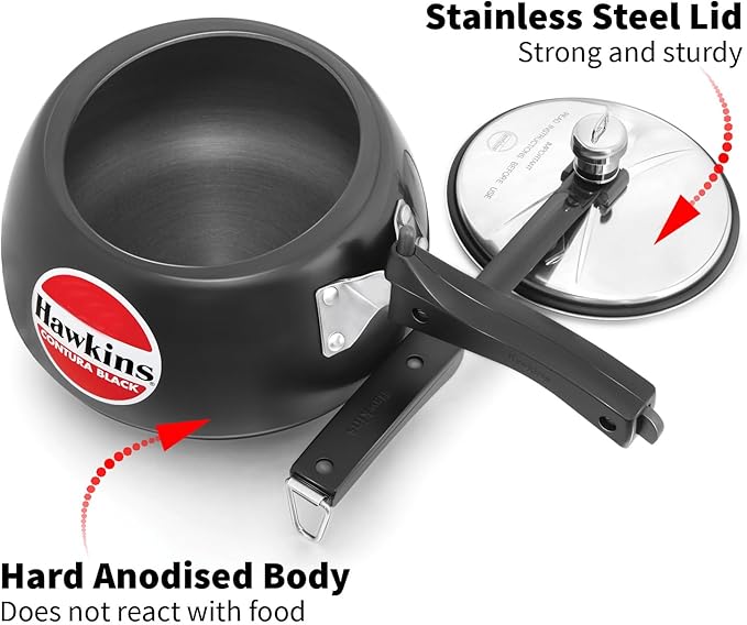Hawkins 3.5 Litre Contura Black Pressure Cooker, Hard Anodised Inner Lid Cooker, Handi Cooker, Black (CB35)