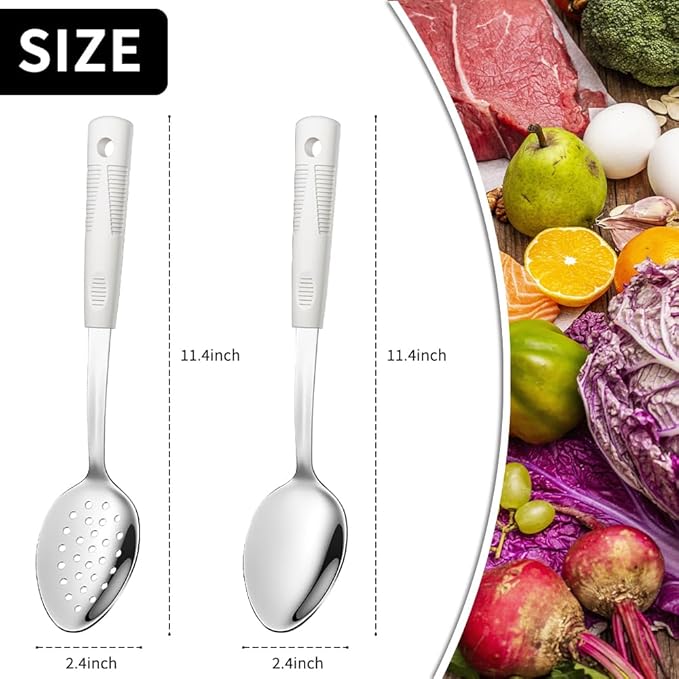 Stainless Steel Serving Spoon Set with Non-Slip Silicone Handles, 2-Piece Serving Spoon and Perforated Spoon, Home Kitchen, Parties & Daily Use (Beige)