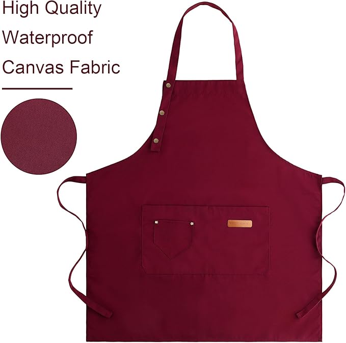 Apron for Men Women with Adjustable Straps and Large Pockets, Canvas Cotton Cooking Kitchen Chef Bib Aprons Waterproof Red