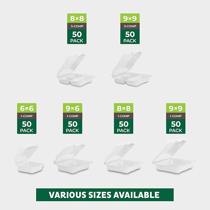 Freshware Clamshell Food Containers with Lids [8x8"] 3-Compartment 50-Pack, Disposable To Go Containers, Biodegradable Sugarcane To Go Boxes - Paper Containers - Microwave & Freezer Safe, Stackable