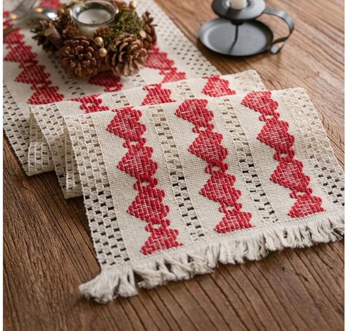 Alynsehom Macrame Table Runner Beige and Red Heart Table Runners with Tassels Hand Woven Cotton Table Runner Rustic Farmhouse Table Runners for Valentine's Day Bohemian Kitchen Dining Table(12x71in)
