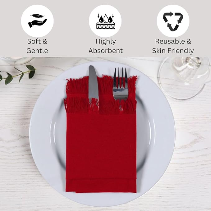 Cloth Dinner Napkins Fringes 20x20 Inch 100% Cotton Set of 6 - for Dining Special Occasions Weddings Restaurants Holidays Easter - Soft Durable Washable - Elegant Table Cloth Napkins Red