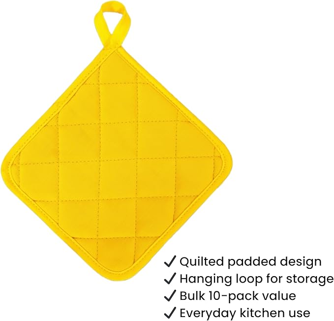 Lobyn Value Packs Economical Lightweight Bulk Potholders Ten (10) Pack Everyday Quality 6.5" Square Perfect for Craft Projects Yellow