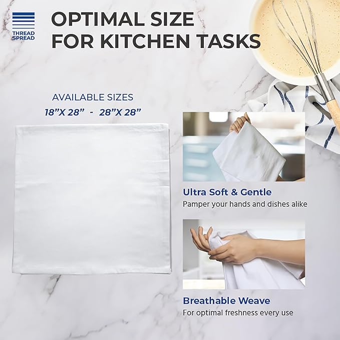 THREAD SPREAD 100% Cotton Dish Cloths - Flour Sack Kitchen Towels - Cotton Blank Towel - Thick Absorbent Quick Dry, Machine Washable - Cleaning & Drying - 28"x28" - Pack of 12, White