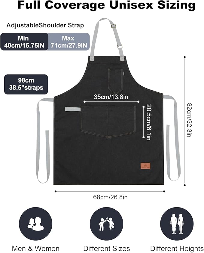 Womens Apron with Pockets Adjustable Shoulder Strap,Aprons for Men 38.5" Extra-Long Straps Fit More Body Types,Chef Apron for Kitchen Garden Barbecue Woodworking(Black)