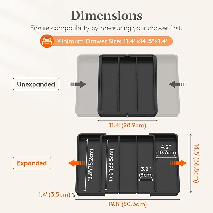 Lifewit Utensil Organizer, Adjustable Kitchen Drawer Organizer, Expandable Cooking Utensil and Cutlery Tray, Plastic Divider Holder Black 11.4-19.8" x 14.5"