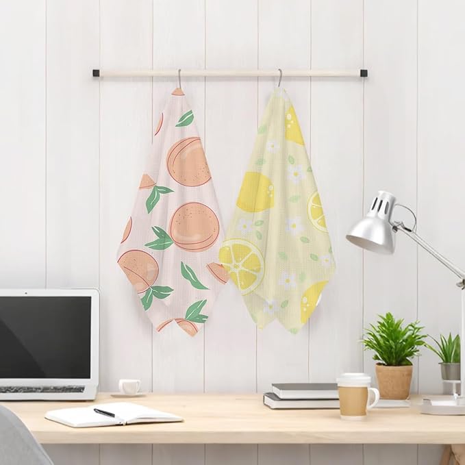 2Pcs Lemon Kitchen Towels, Pink Peach Absorbent Tea Towel Decor Reusable Dish Hand Towels Peach Lemon Lover Gifts for Cleaning Drying Women Mom Housewarming Gifts 14 x 24 Inch Kitchen Home Decor