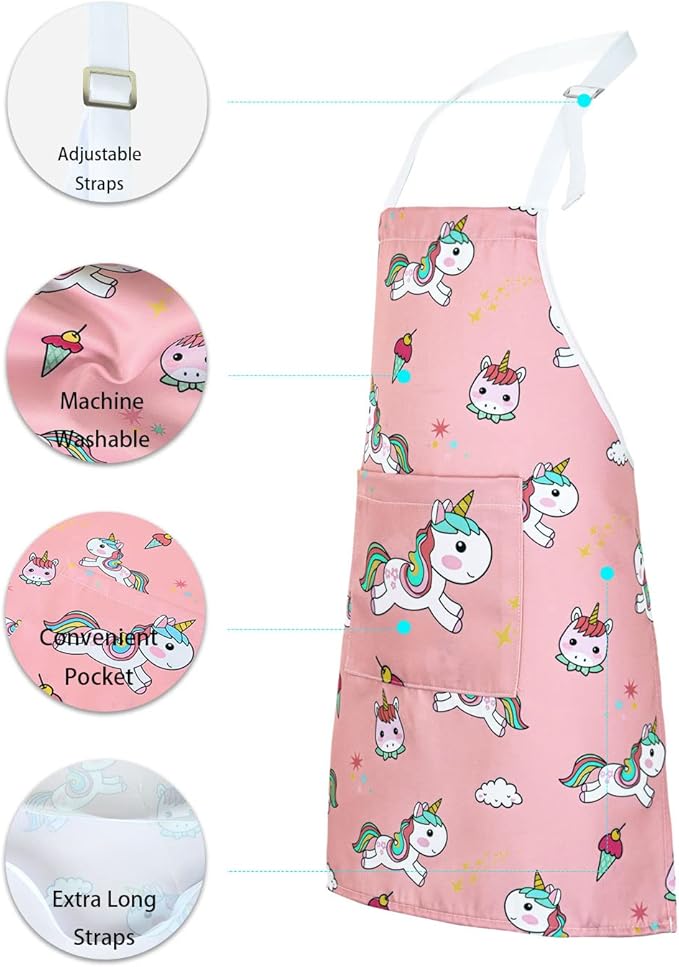 RosieLily Kids Apron for Girls Unicorn Pink Apron Toddler Painting Cooking Baking Little Girls Children Youth Apron Cute (Unicorn)