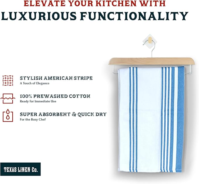 TEXAS LINEN CO. American Stripe Kitchen Towels 100% Cotton Pack of 6, Highly Absorbent Quick Drying, Soft Dish Towels 20x30 Inch for Kitchen w Hanging Loop, Hand & Tea Towel - Turquoise Blue & White