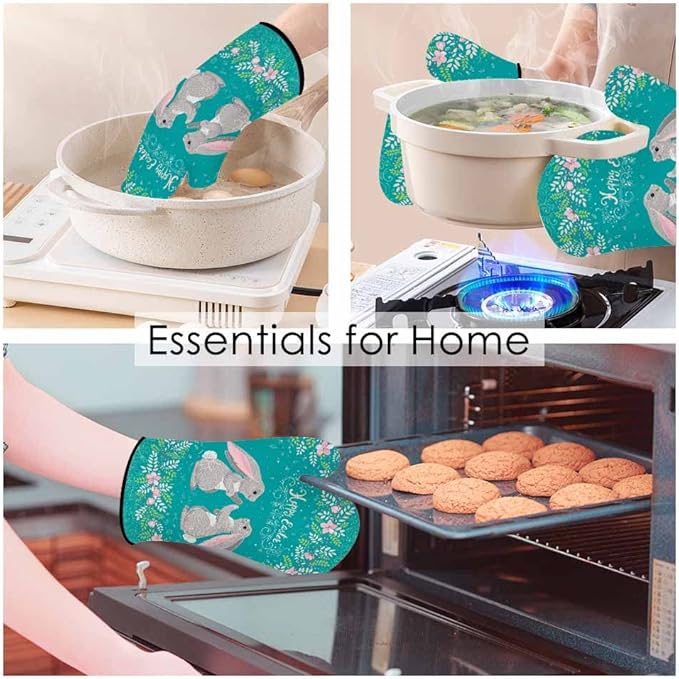 Easter Oven Mitts and Pot Holders Sets Cute Rabbits Floral Wreath Heat Resistant 3pcs for Cooking Baking BBQ