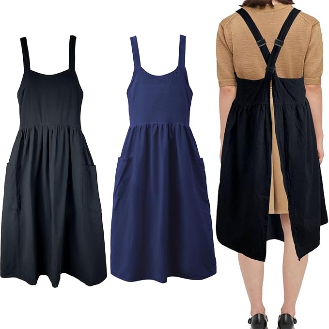 Uaussi Cotton Linen Apron Cross Back Work Apron for Women with Pockets Pinafore Dress X Cross Halter Apron for Chef Gardening