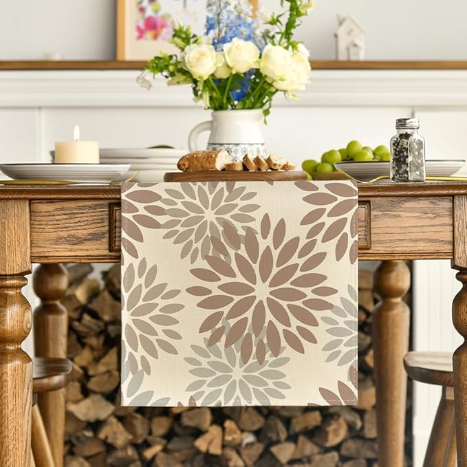 Artoid Mode Brown Gray Dahlia Pinnata Flower Floral Table Runner, Seasonal Holiday Kitchen Dining Table Decoration for Home Party Decor 13x72 Inch