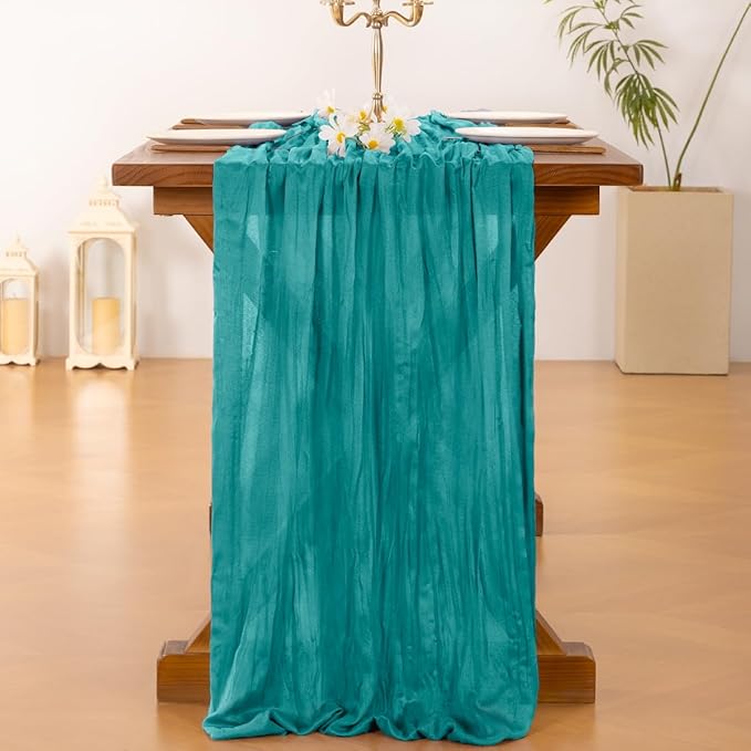Socomi 2pcs Teal Blue Spring Cheesecloth Table Runner Boho Rustic Gauze 120 inch 10FT Cheese Cloth Runner for Wedding Party Baby Shower Birthday Home Decor