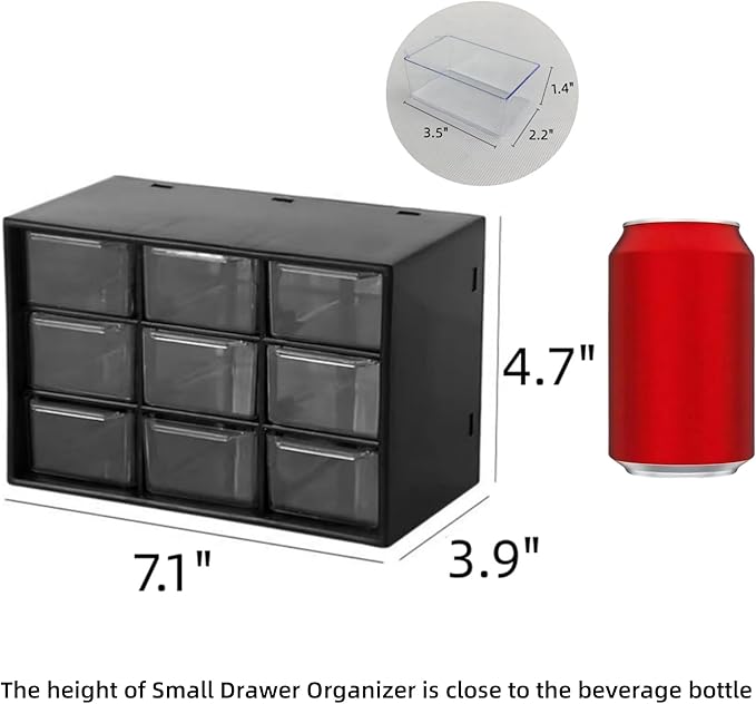 Feadily 2PCS Small Drawer Organizer for Desk, Desktop Drawer Organizer with 9 Clear Drawers, Plastic Desktop Storage Drawers 7.1 Inch x 3 .9 Inch x 4.7 Inch, Black