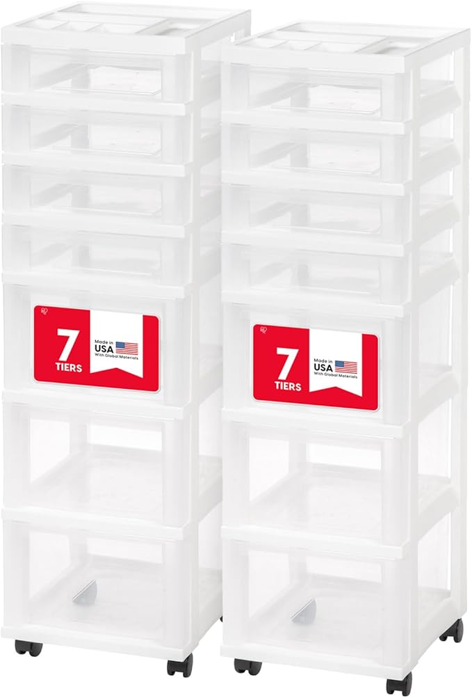IRIS USA Plastic Drawer Storage Organizer Rolling Cart, 2-Pack, with Wheels Casters, 7-Drawers, for Art Craft Supplies Bathroom Dorm Bedroom Laundry Room, White/Clear