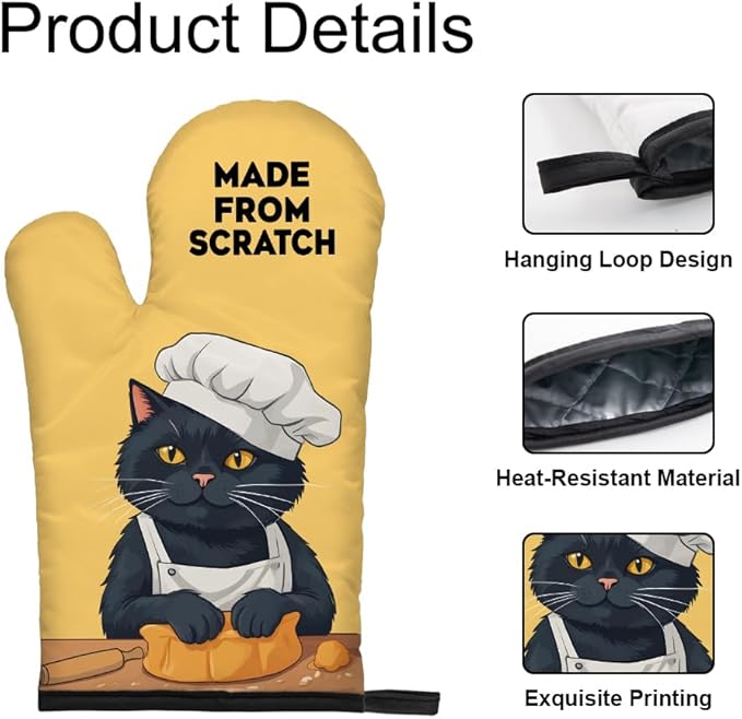 DYJYBMY Made from Scratch Funny Cat Oven Mitts and Pot Holder Set, Funny Kitchen Gadgets for Women Cat Lover, Birthday Gifts for Bake Lover Chef Cat Mom, Baking Gifts for Mom Wife Sister BFF Friend