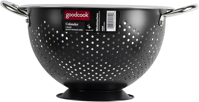 GoodCook Gourmet Colander, 5qt capacity, Stainless Steel with Handles and Elevated Pedestal Foot, Bold Black