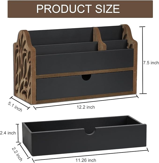 Desk Organizer with Drawer Wood File Office Mail Organizer Countertop-5 Slot Tabletop Storage Pen Organizer Letter Holder for School Home Office Supplies