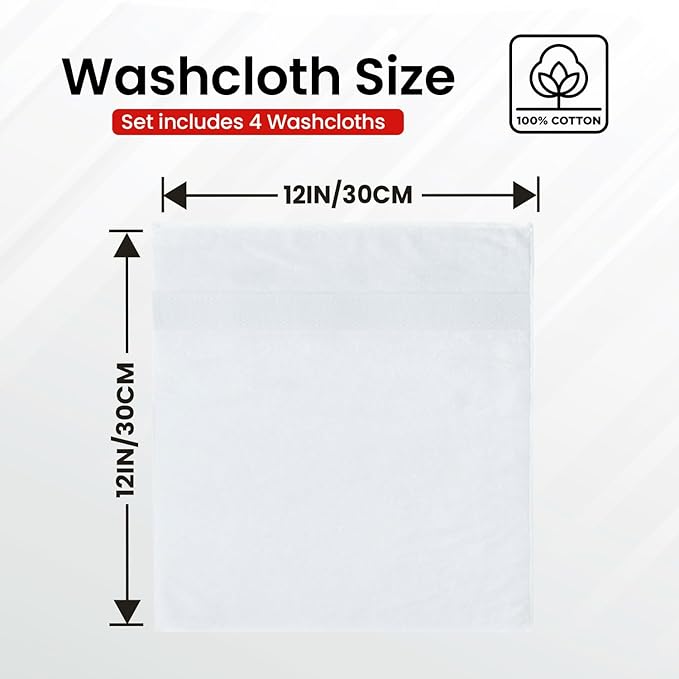 Infinitee Xclusives Luxury Wash Cloths for Showering [13x13] – 100% Cotton Washcloths [Pack of 4], Soft and Absorbent Face Towels for Bathroom Wash Clothes, Gym, and Spa (Brilliant White)