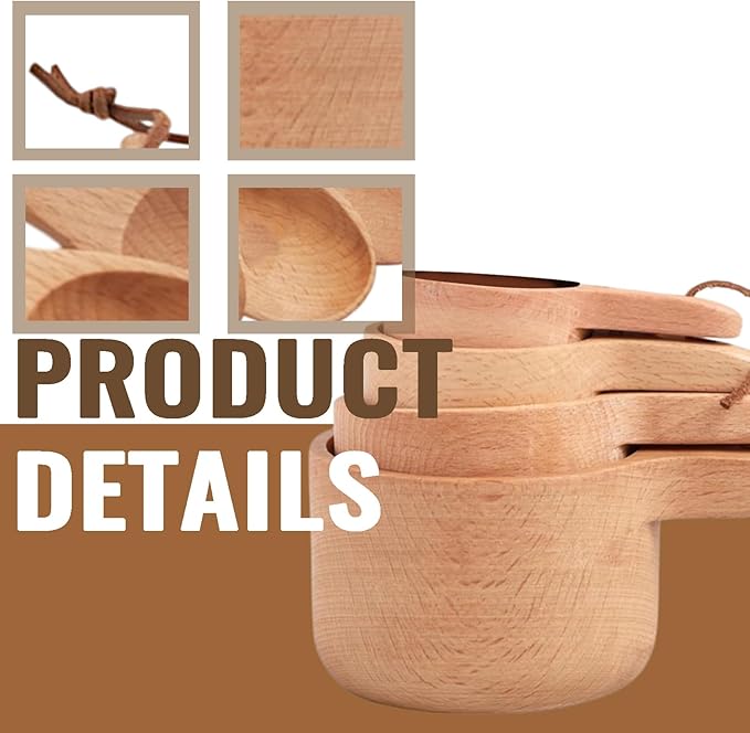 Wooden Measuring Cups and Spoons Set - Eco-Friendly Solid Acacia Wood, Laser Engraved Measurements, Perfect for Baking & Cooking - Ideal for Bakers (8-Pc Beechwood Cup & Spoon Set)