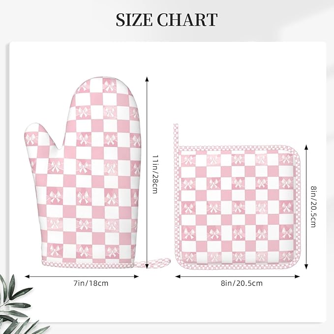 Oven Mitts and Pot Holders Pink Check Bow Pattern Silicone Kitchen Accessories Set of 2 Heat Resistant Long Gloves Potholder Non-Slip Grip for Chef Cooking Baking Grilling BBQ