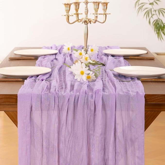 Socomi Lilac Purple Lavender Cheesecloth Table Runner Easter Spring Boho Rustic Gauze 120 inch 10FT Cheese Cloth Runner for Wedding Party Baby Shower Birthday Home Decor Holiday Decorations