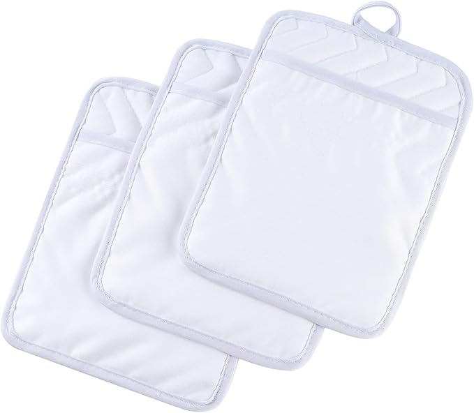 Anyi Pot Holders and Oven Mitts 7" X 9" Heat Resistant Pocket Pot Holder Set Feature of Non Slip Kitchen Hot Pad Oven Mitts, 3-Pack (White)