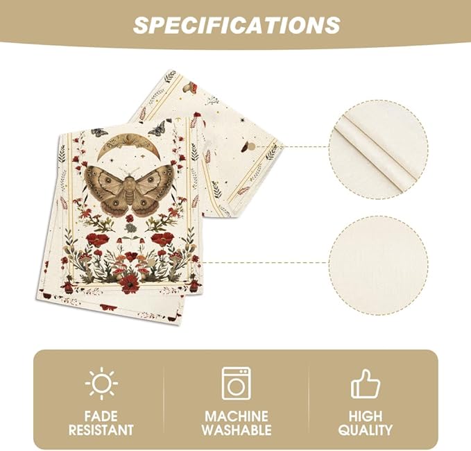 Artoid Mode Beige Poppy Moth Mushroom Moon Fall Table Runner, Seasonal Autumn Kitchen Dining Table Decoration for Home Party Decor 13x72 Inch