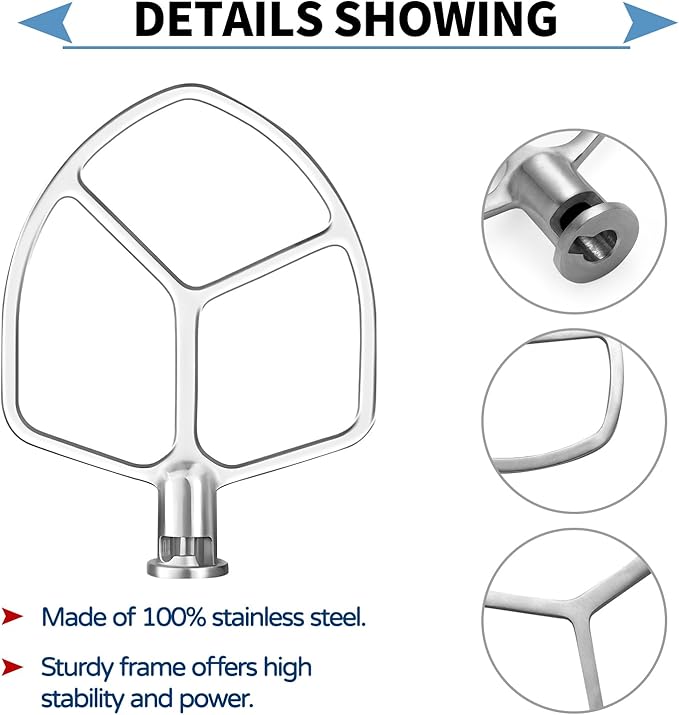 Stainless Steel Flat Beater Attachment Compatible with KitchenAid 5 Plus -6QT Mixer Bowl Lift Stand Mixer, Quick Kneading of Bread, Pasta, Cookies, Pizza, Etc. Dishwasher Safe