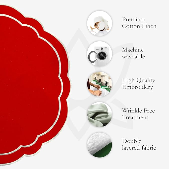 Round Placemats Set of 4, Cotton Linen- Double Layered, Luxury Scalloped Embroidered Cloth Table mats, 16 inch, Washable Fabric Dining Placemat (Red) Celebration