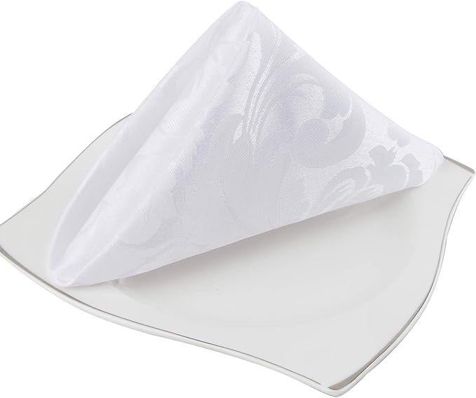 EHouseHome Damask Jacquard Cloth Napkins Waterproof Spillproof Polyester Fabric Napkins White, Set of 12, 17 x 17 Inch