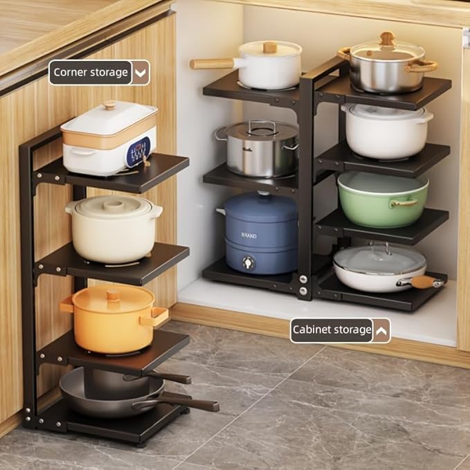 adjustable Pot and Pan Organizer for Cabinets - Heavy Duty No Drill Storage Rack, Fits 20 Inch Deep Shelves, Space Saving Under Shelf Design (each layer Max Load 15lbs)